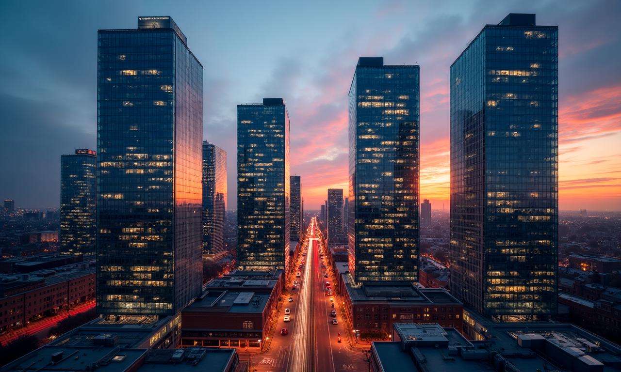 Modern Tilburg skyline bij zonsondergang